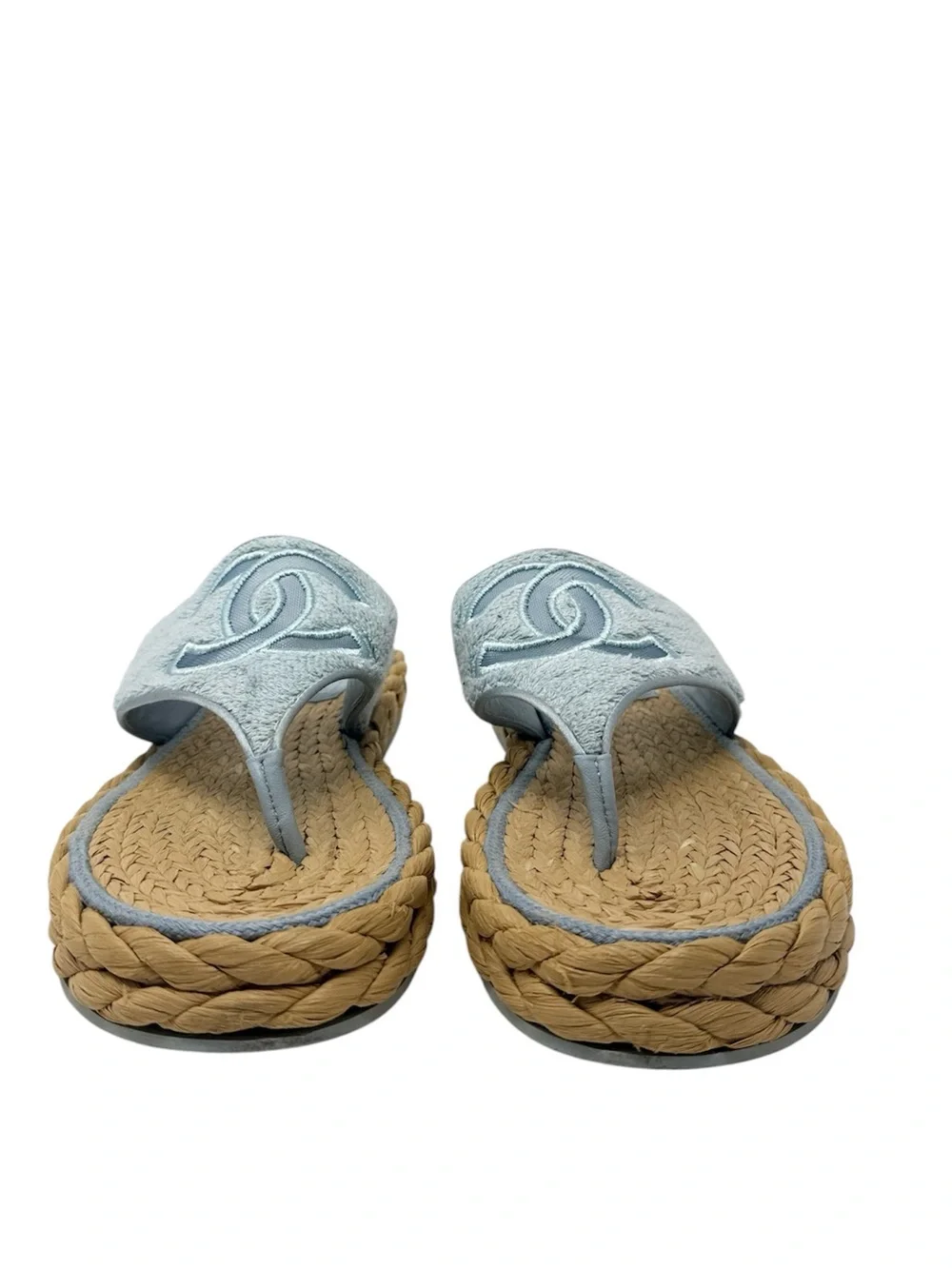 Chanel CC Terry Blue Thong Raffia Flat Slide Flip Flop Sandals Size 40.5
